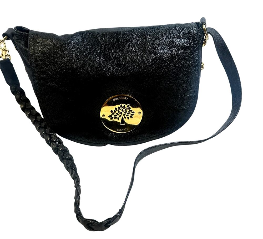 Mulberry Black Leather Crossbody Bag  ~ Braided Strap ~ Gold Hardware